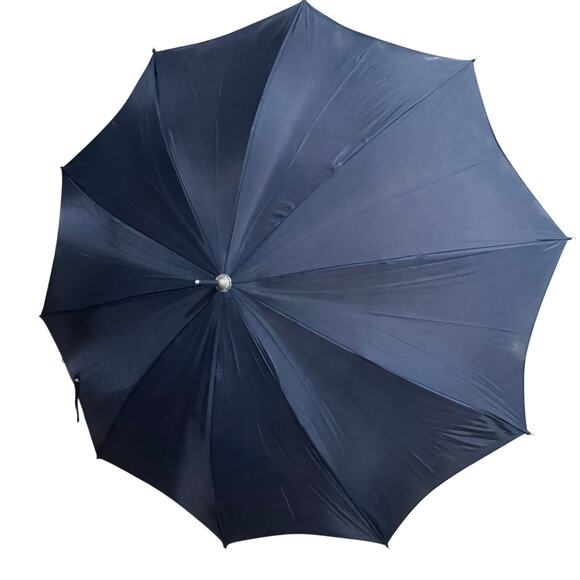 Vintage 35” Navy Blue Umbrella With Curved Wood Handle Parasol READ - Picture 2 of 5